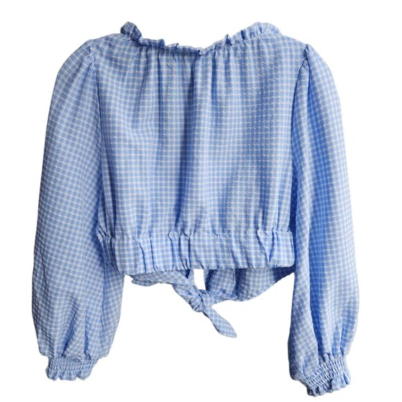 Zara Women's Blue & White Gingham Prairie Boho Cottage Crop Top Tie Front Size M - Picture 3 of 14